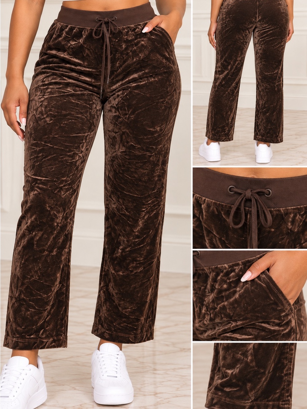 made for life Brown Velvet Wide-Leg Drawstring Pants